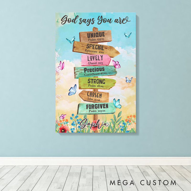 Personalized God Says You Are Location Sign Frameless Canvas Painting with Name Wall Decor Religious Gift Christian Gift