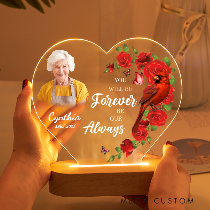 Personalized Heart Shaped LED Memorial Light Custom Photo Name Year Cardinal Roses You Will Be Forever Our Always Keepsake