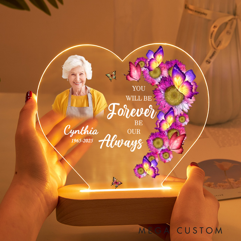 Personalized Heart Shaped LED Memorial Light Floral Butterflies Design Custom Photo Name Year Keepsake