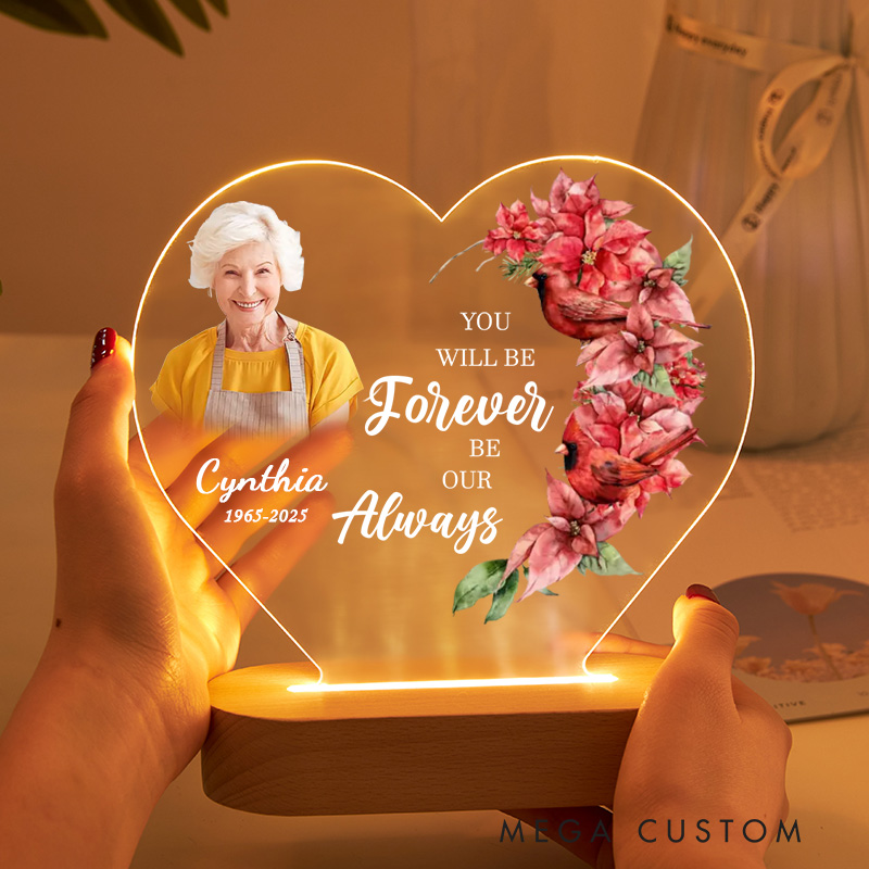Personalized Heart Shaped LED Memorial Light Custom Photo Name Year Cardinal Poinsettia You Will Be Forever Our Always Keepsake