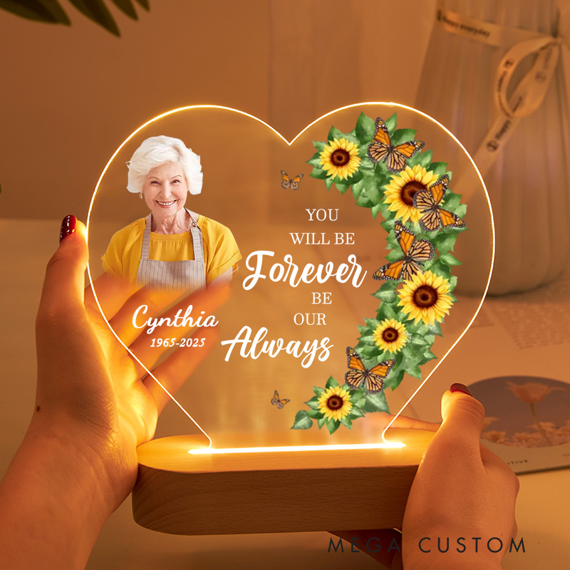 Personalized Heart Shaped LED Memorial Light Sunflowers Butterflies Design Custom Photo Name Year Keepsake