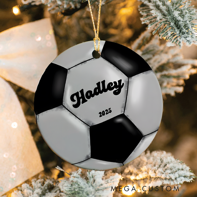 Personalized Soccer Christmas Ornament with Custom Name and Year Design