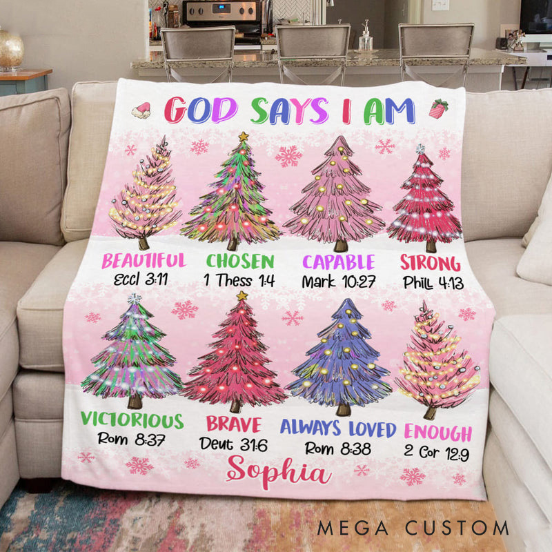 Personalized God Says I am Bible Verse Christmas Tree Blanket with Name Home Decor Inspiration Gift Christian Gift for Christmas