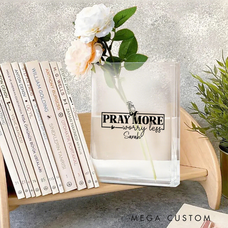Personalized Pray More Worry Less Bookend Vase with Name Aesthetic Room Decor Baptism Birthday Gift for Christians