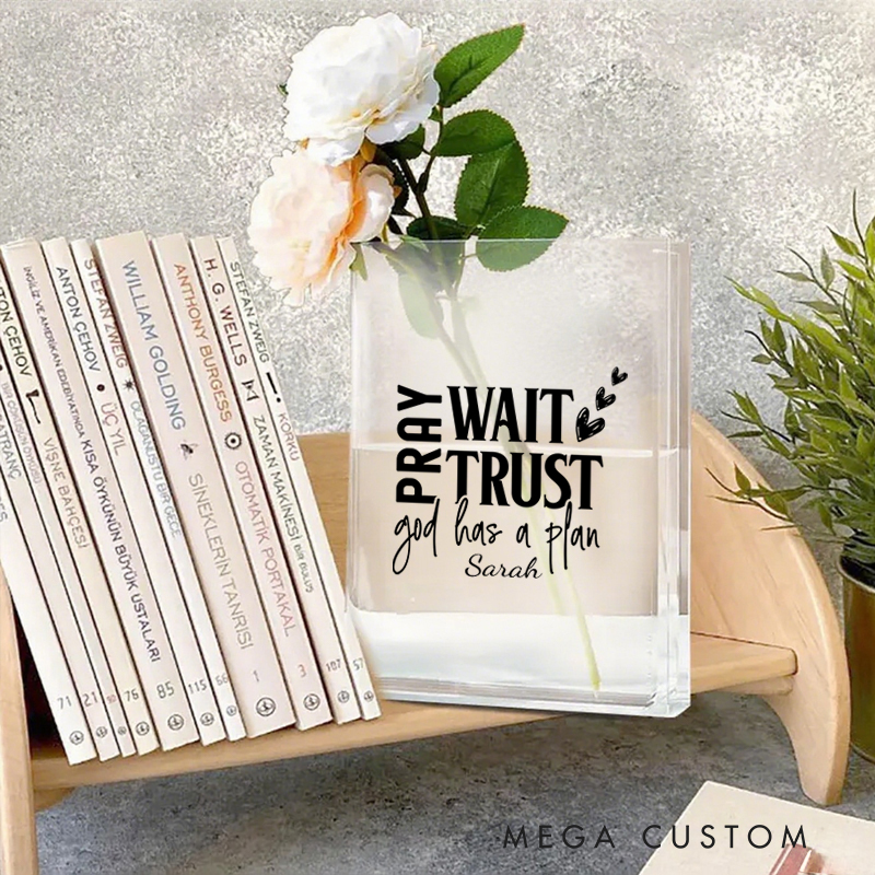 Personalized Pray Wait Trust God Has a Plan Bookend Vase with Name Aesthetic Room Decor Baptism Birthday Gift for Christians