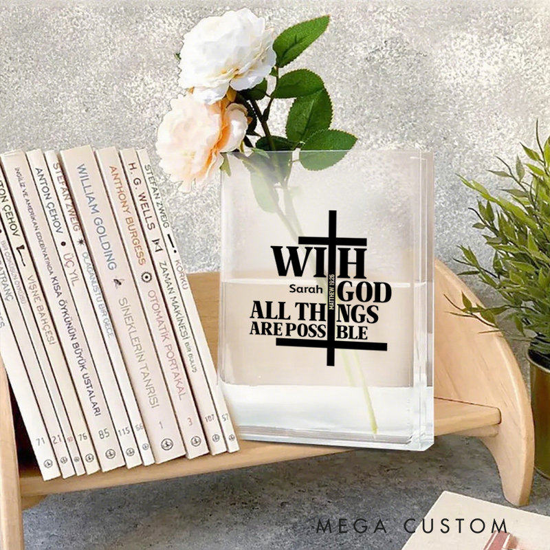 Personalized With God All Things Are Possible Matthew 19:26 Bookend Vase with Name Aesthetic Room Decor Baptism Birthday Gift for Christians