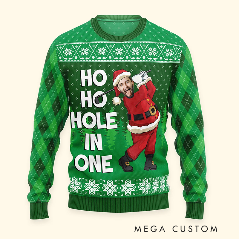 Personalized "Ho Ho Hole In One" Golf Ugly Sweater Custom Photo 