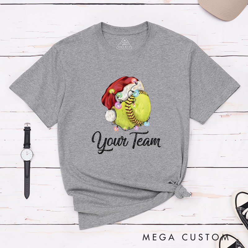 Personalized Softball Christmas T-Shirt with Festive Design and Custom Team Name