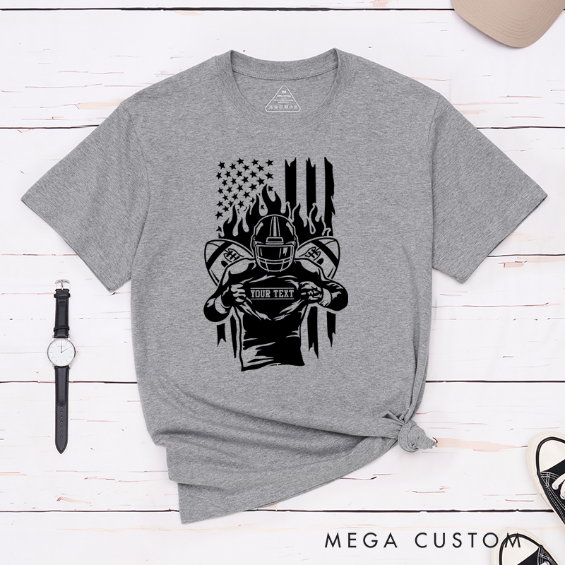 Personalized American Football Warrior T-Shirts Featuring Custom Text on the Front