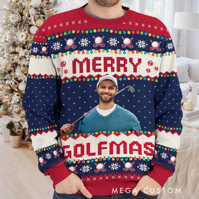 Personalized "Merry Golfmas" Ugly Christmas Sweater with Custom Face