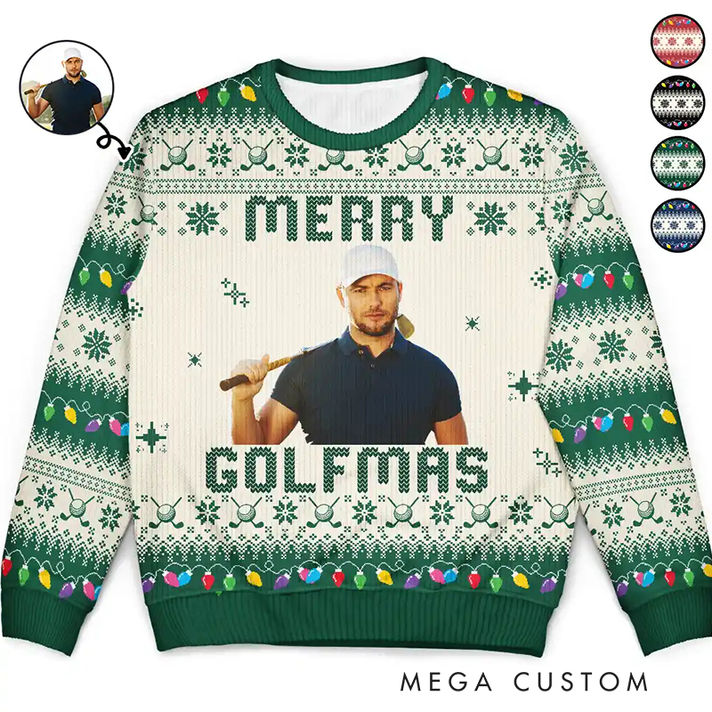 Personalized Festive "Merry Golfmas" Ugly Sweater with Customizable Image  