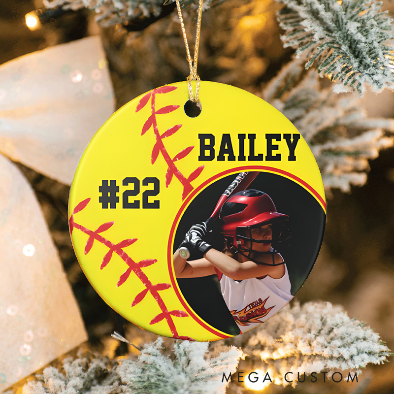 Personalized Softball Ornament with Custom Name, Number, and Photo