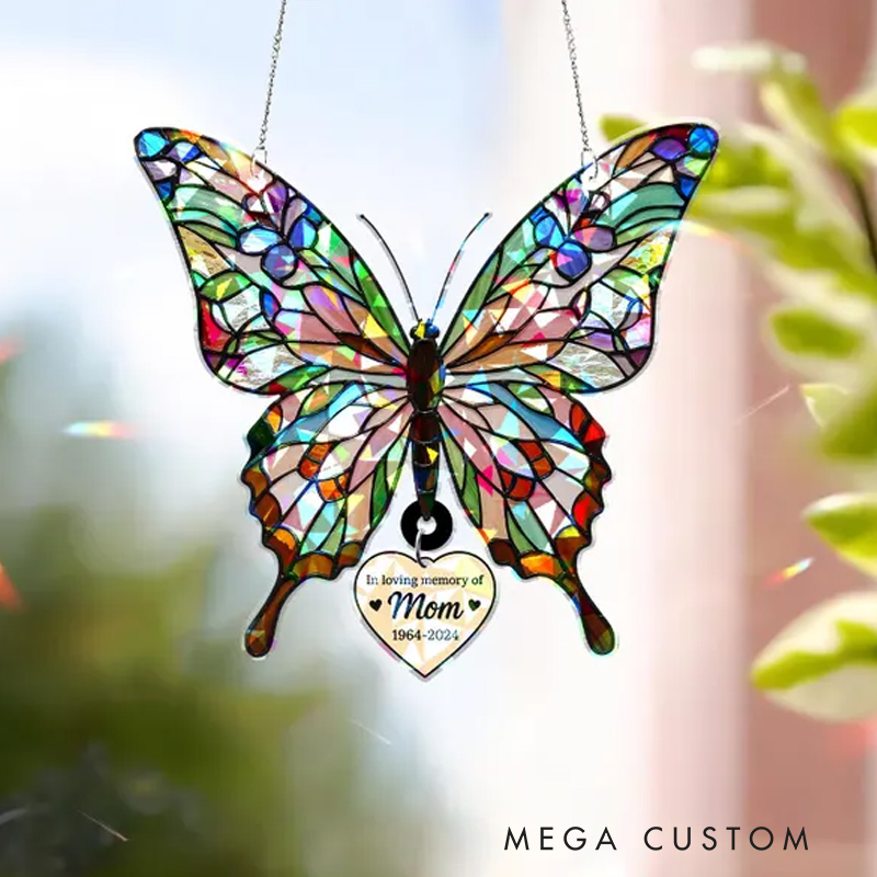 Personalized Butterfly Holographic Acrylic Suncatcher with Hanging Heart Memorial Gift for Loss of Mother in Loving Memory Window Decor