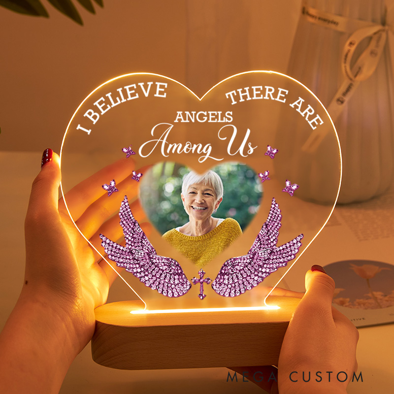 Personalized Heart Shaped LED Memorial Light With Pink Crystal Wings Cross Butterflies Custom Photo I Believe There Are Angels Among Us Keepsake