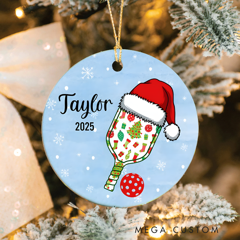 Personalized Pickleball Paddle Ornament with Santa Hat, Custom Name, and Year