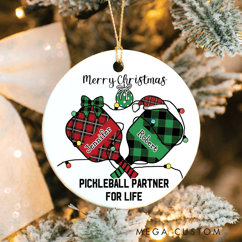 Personalized Pickleball Partner for Life Ornament with Custom Names and Festive Design