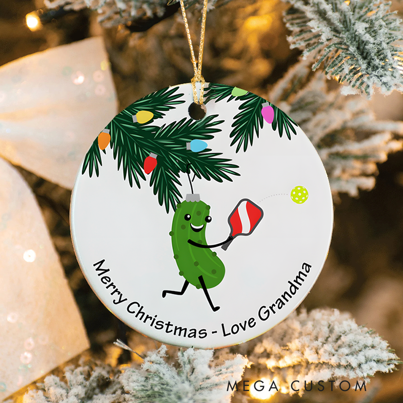 Personalized Pickleball Christmas Ornament with Cute Pickle Design and Custom Message