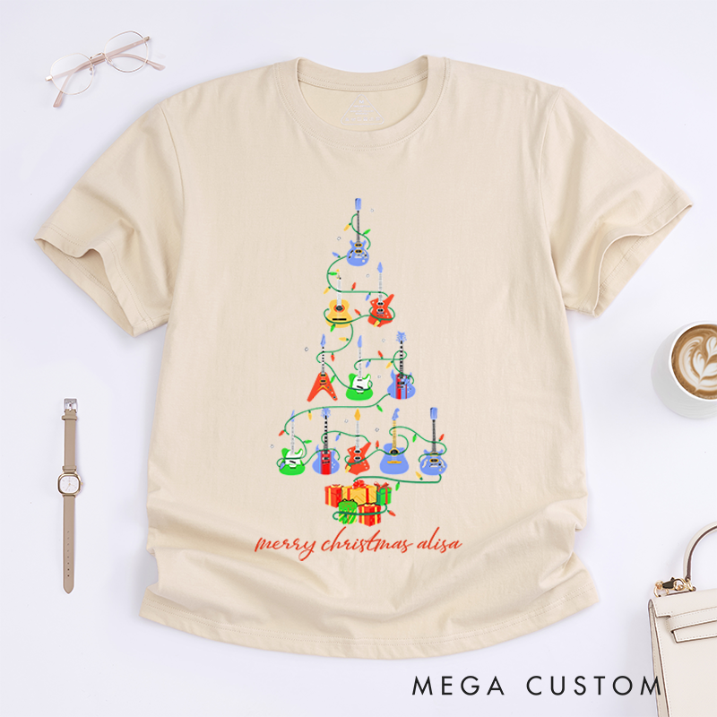 Personalized Classic T-Shirts Christmas Guitar Tree for Men and Women and Tee Guitar Musician Gift Top Music Ukulele Tree Shirt Christmas Gift