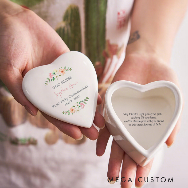 Personalized Floral God Bless Jewelry Box Keepsake Box with Name and Date Religious Gift First Communion for Her