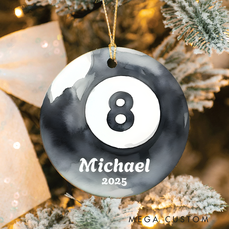 Personalized Billiards Christmas Ornament with 8-Ball Design, Custom Name, and Year