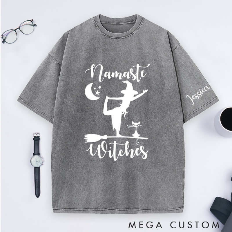 Personalized Namaste Witches Washed T-Shirt with Halloween Theme and Witch Yoga Design Perfect Gift for Yoga Lover and Halloween