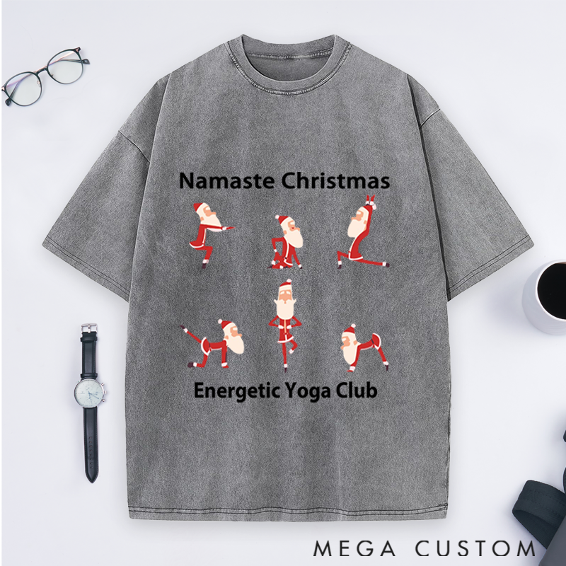 Personalized Yoga Santa Christmas Washed T-Shirt Family Holiday T-Shirt Perfect Gift for Yoga Lover and Christmas