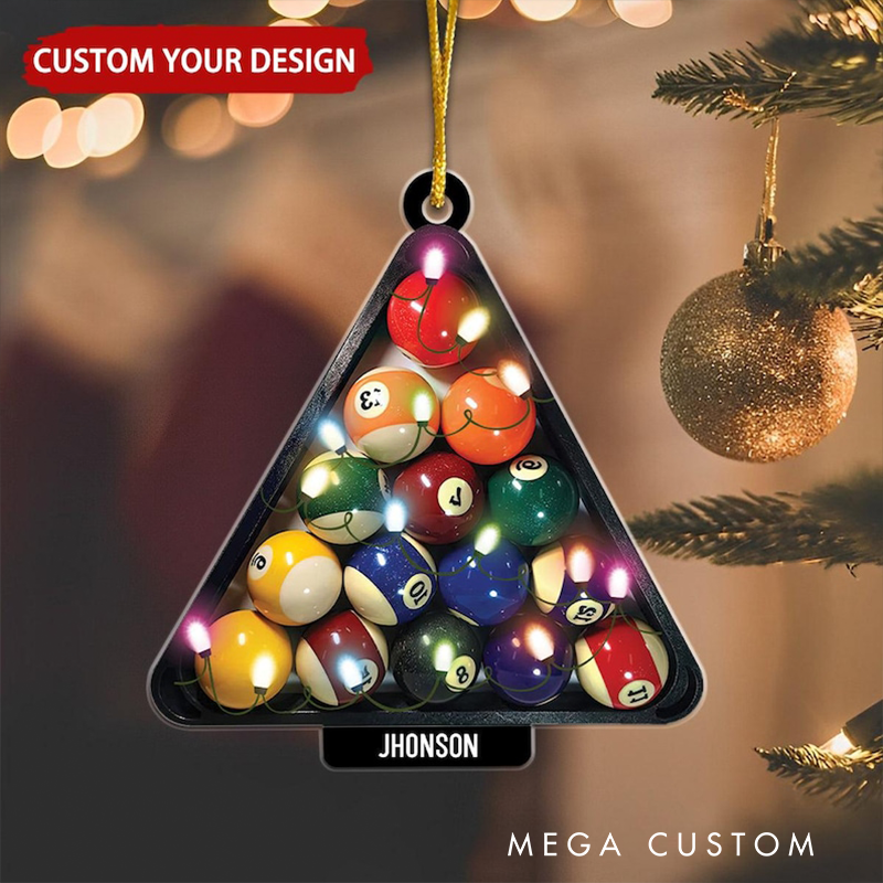 Personalized Billiards Christmas Ornament with Triangle Rack Design, Custom Name, and Optional Lights