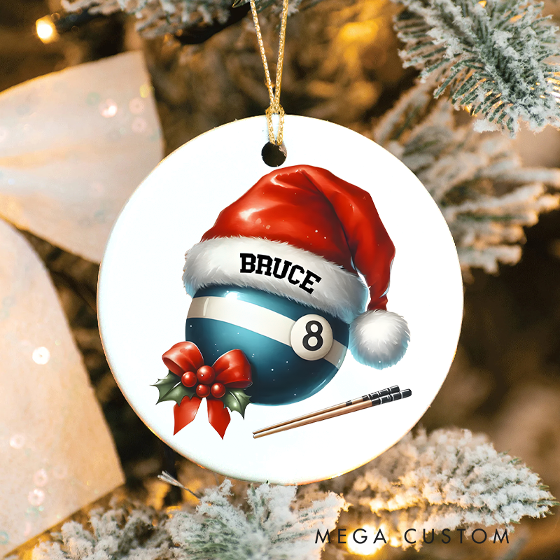 Personalized Billiards Christmas Ornament with Santa Hat, 8-Ball Design, Pool Cue, and Custom Name