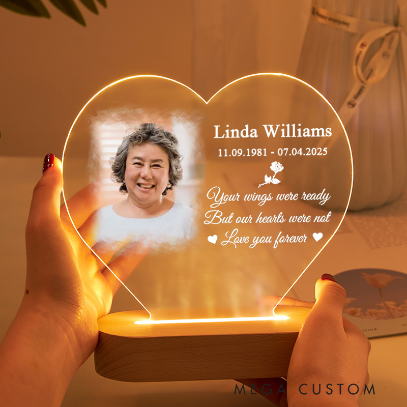 Personalized Heart Shaped LED Memorial Light Custom Photo Name Date Your Wings Were Ready Love You Forever Sympathy Gift