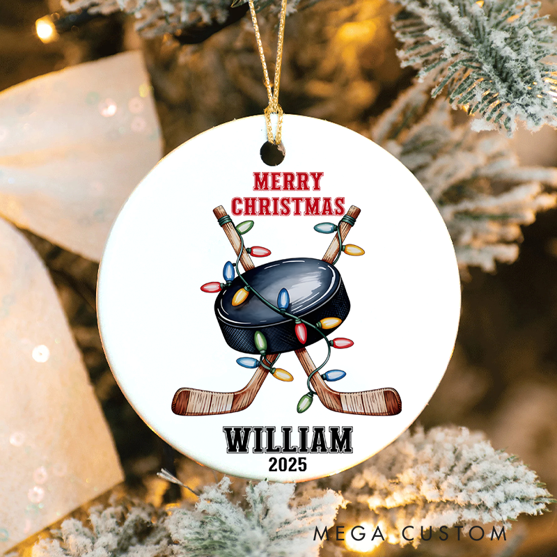 Personalized Hockey Christmas Ornament with Sticks, Puck, Lights, Custom Name, and Year "Merry Christmas" Design