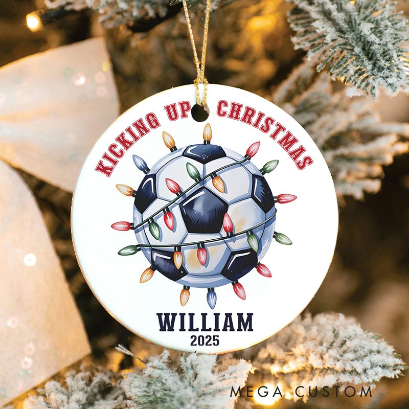 Personalized Soccer Christmas Ornament with Lights, Custom Name, and Year "Kicking Up Christmas" Design