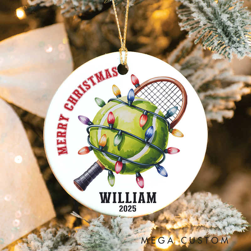 Personalized Tennis Christmas Ornament with Lights, Custom Name, and Year "Merry Christmas" Design