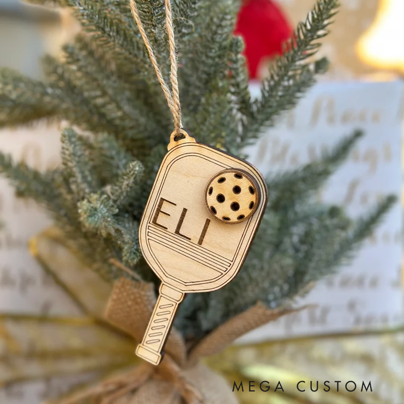 Personalized Pickleball Paddle Christmas Ornaments with Custom Names Engraved Wood Design