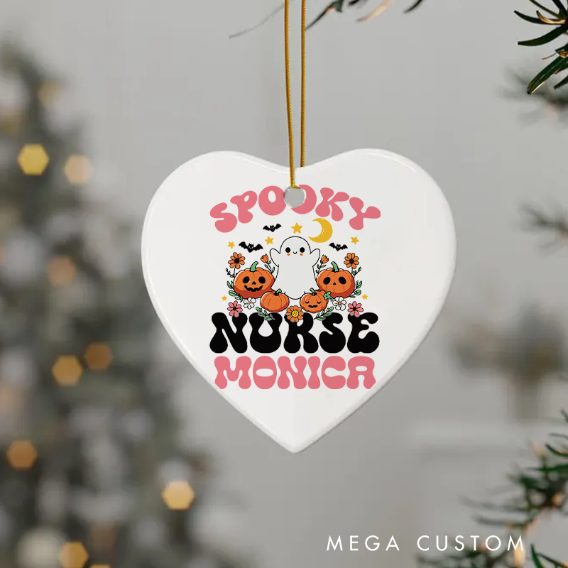 Personalized Nurse Halloween Ornament Spooky Nurse Ghost and Pumpkins Design Ornament 
