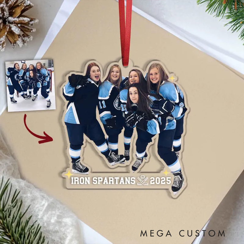 Personalized Hockey Team Photo Acrylic Christmas Ornament with Custom Team Name and Year