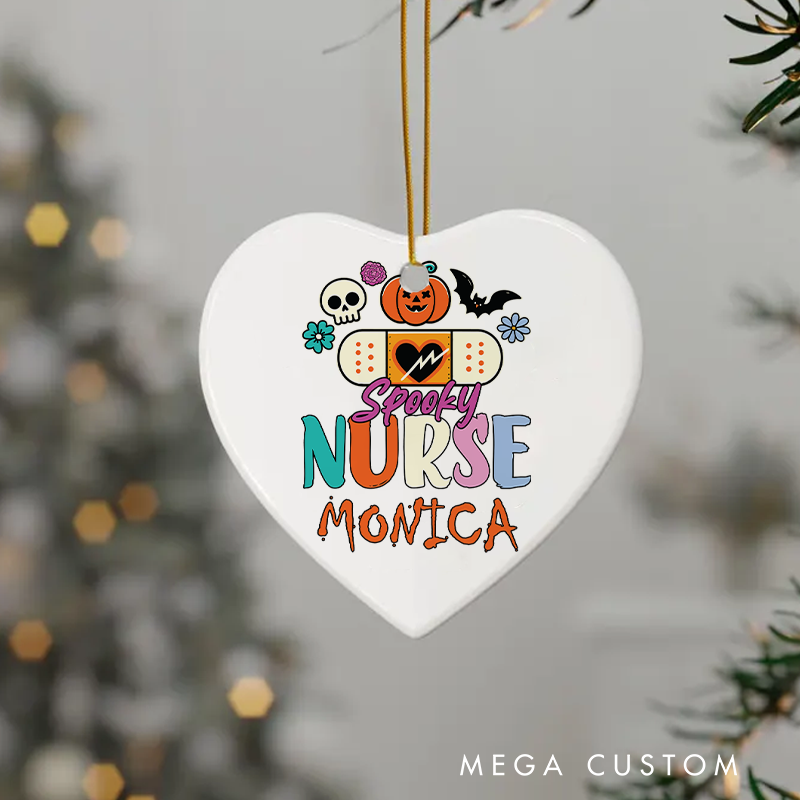 Personalized Nurse Halloween Ornament Spooky Nurse Bandage and Pumpkin Design Ornament 
