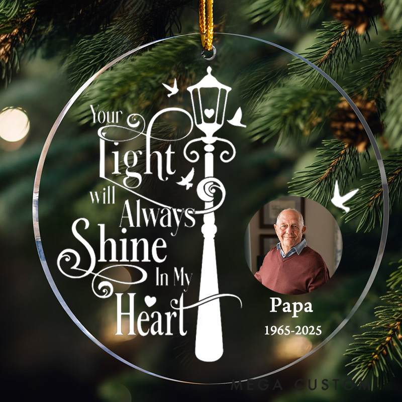 Personalized Photo Memorial Ornament Your Light Will Always Shine In My Heart Remembrance Christmas Ornament