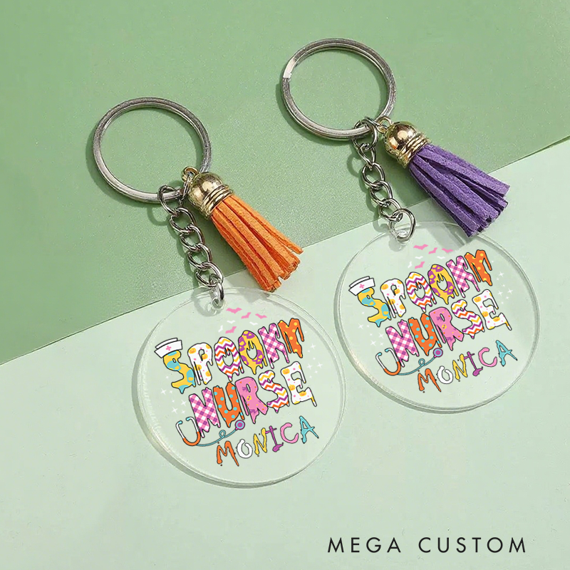 Personalized Acrylic Tassel Keychain for Nurse Customized Spooky Nurse Halloween Drip Design Keychain Nurse Halloween Gift