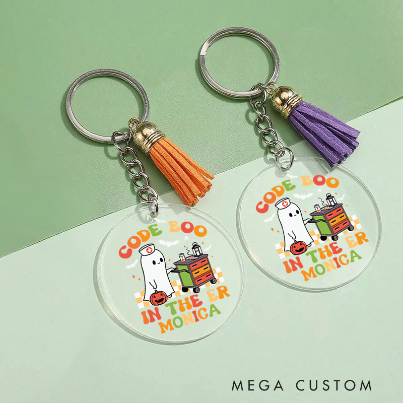 Personalized Acrylic Tassel Keychain for Nurse Customized Code Boo in the ER Design Keychain Nurse Halloween Gift