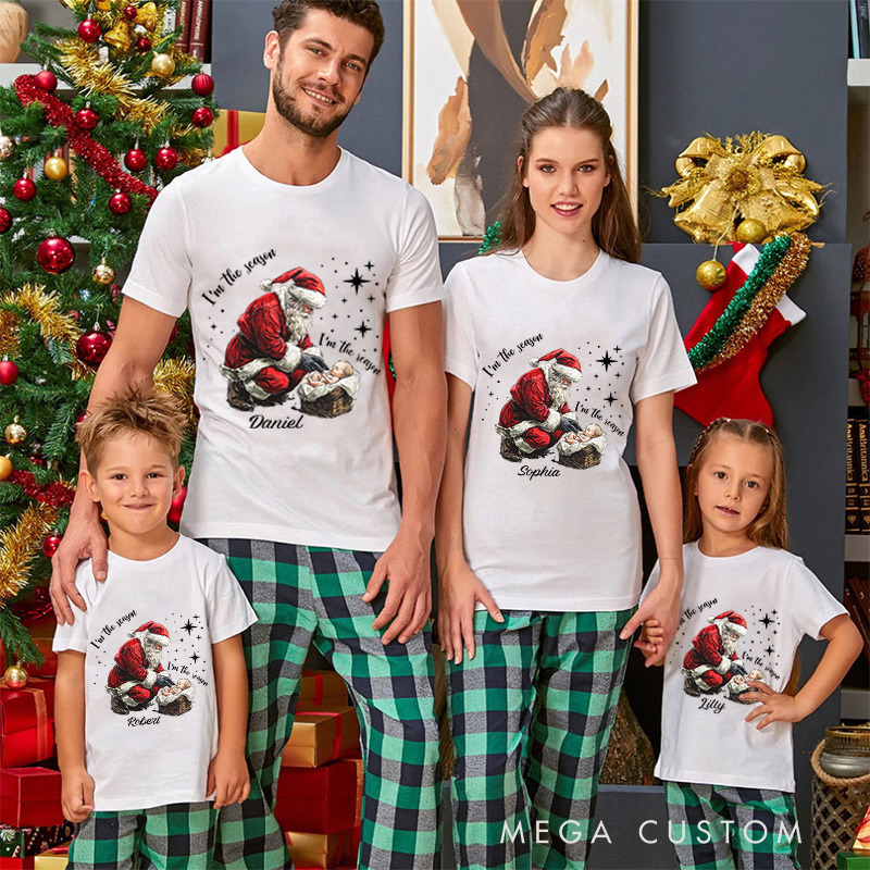 Personalized I am the Season I am the Reason Santa Claus and baby Jesus Family Matching Christmas T-Shirt with Name Christian Christmas Gift