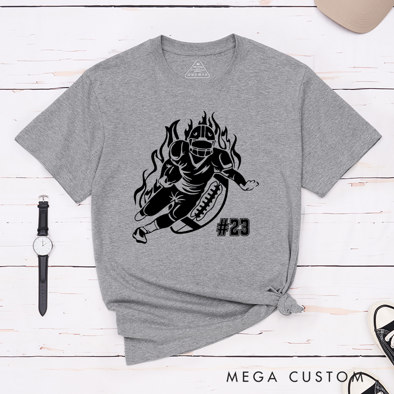 Personalized American Football Player T-Shirts Featuring Custom Number - Customizable Football Action Tee