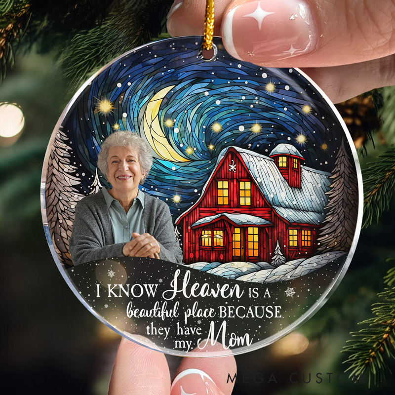Personalized Photo Memorial Ornament Red Barn Christmas Night Heaven Memorial Keepsake Custom Acrylic Photo Ornament