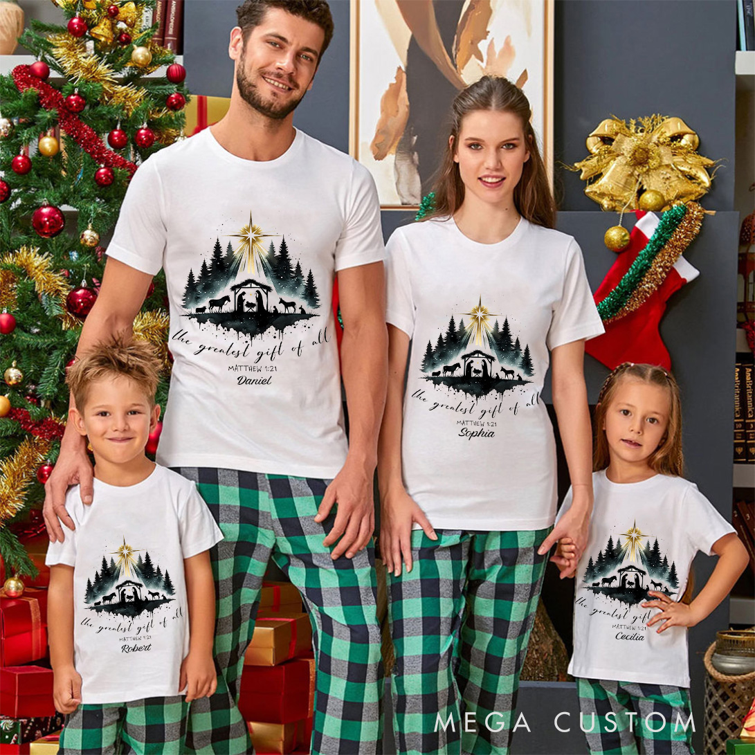 Personalized the Greatest Gift of All Bible Verse Family Matching Christmas T-Shirt with Name Nativity Scene T-Shirt Christian Gift Christmas Gift