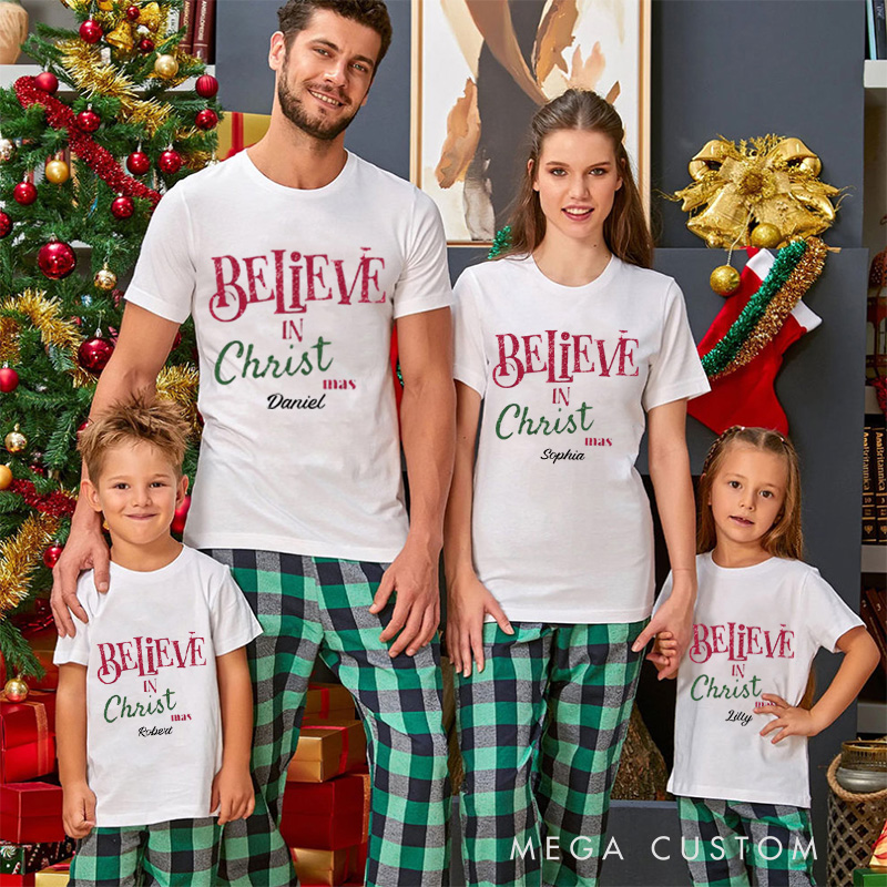 Personalized Believe in Christ Family Matching Cotton T-Shirts with Name Religious Gift Christmas Gift for Family