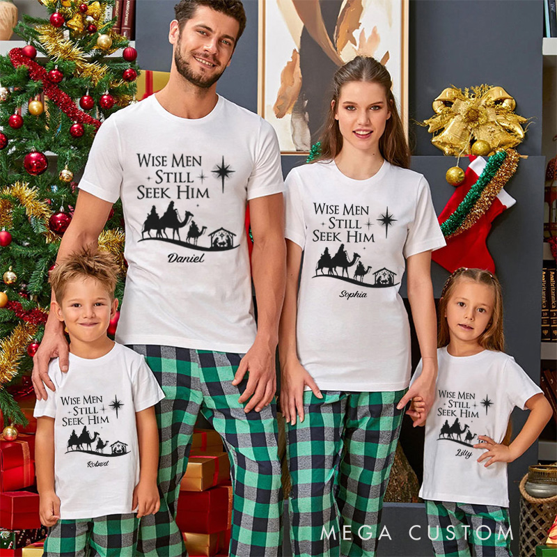 Personalized Wise Men Still Seek him Nativity Scene Family Matching Cotton T-Shirts with Name Religious Gift Christmas Gift for Family