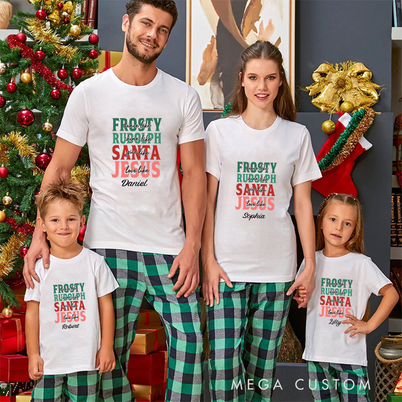 Personalized Dance Like Frosty Love Like Jesus Christmas Family Matching Crew Neck T-Shirts with Name Religious Gift for Family
