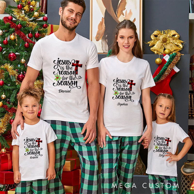 Personalized Jesus Is the Reason for the Season Christmas Family Matching Crew Neck T-Shirts with Name Christmas Gift Religious Gift for Christians 