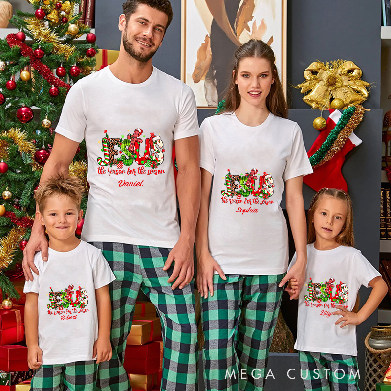 Personalized Jesus Is the Reason for the Season Faith Christmas Family Matching Crew Neck T-Shirts with Name Christmas Gift Religious Gift