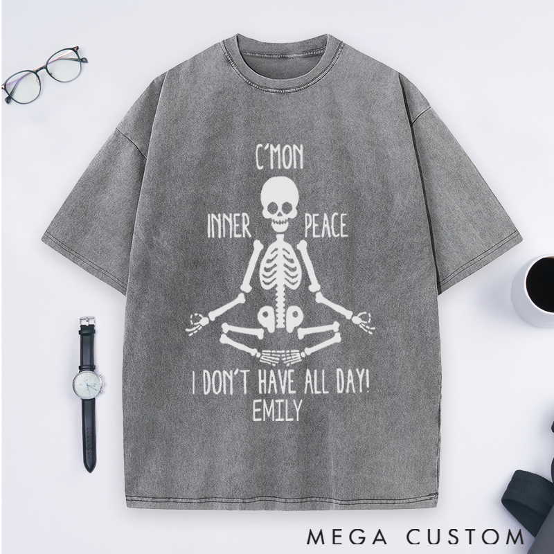 Personalized Skeleton Meditation Washed T-Shirt with Funny Inner Peace Design Perfect Gift for Yoga Lover and Daily Wear