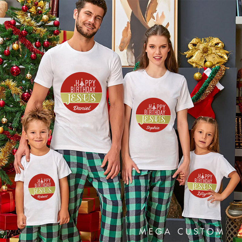 Personalized Happy Birthday Jesus Christmas Family Matching Crew Neck T-Shirts with Name Christmas Gift Religious Gift